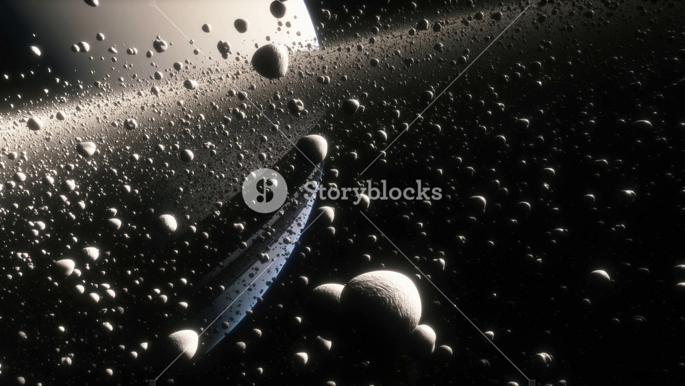 Cinematic animation of Saturn's rings made of rocks, dust and ice. Planet Saturn is a huge planet of the solar system with beautiful rings. Asteroid field near the planet