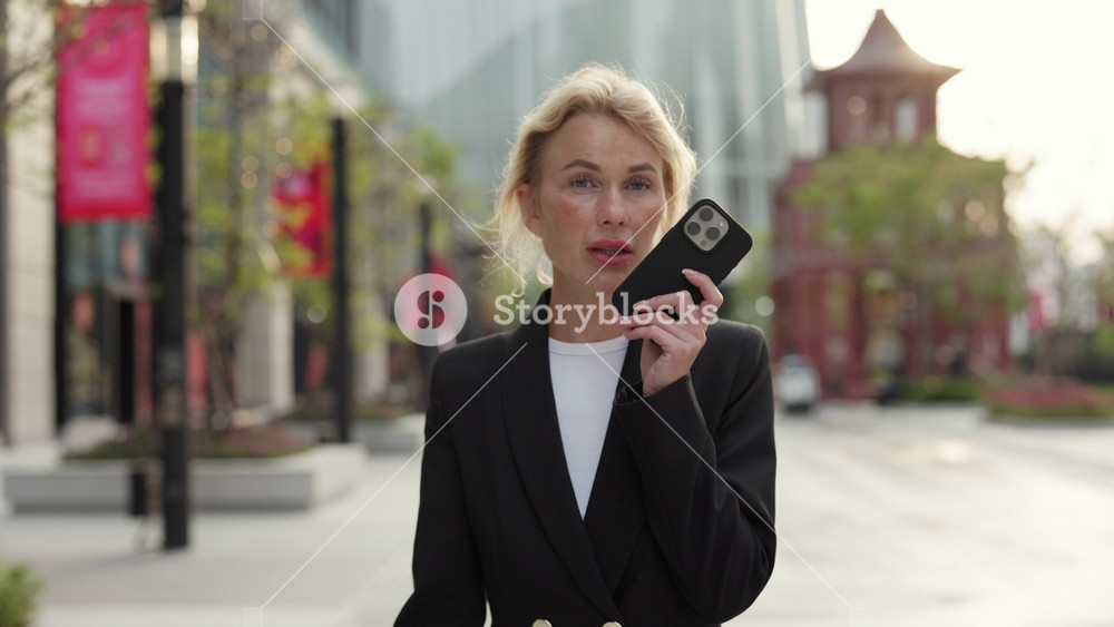 Portrait of businesswoman walks and records voice message on smartphone in downtown. Female leader uses hands free mode for call on