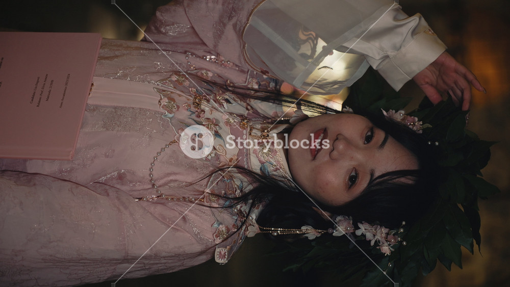 VENICE, ITALY - MARCH 05 2024: Portrait of young Asian woman in national Korean clothes on night street at carnival feast. Female tourist