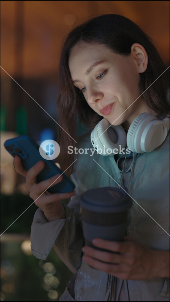Vertical Video. Elegant Girl Standing and Surfing on Social Media, Texting on Smartphone and Holding Coffee. Woman on the Night Street