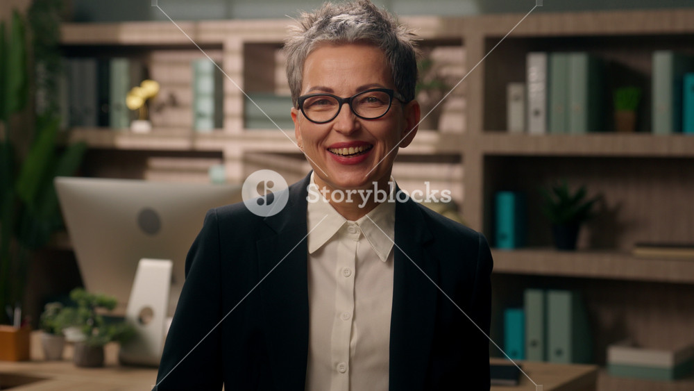 Caucasian business woman senior businesswoman laughing smiling joy fun in office mature female worker retired old employer looking at camera