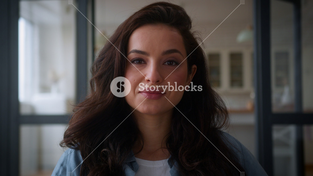 Portrait Caucasian woman girl female lady housewife homeowner householder client at home apartment rent own house indoors loan mortgage