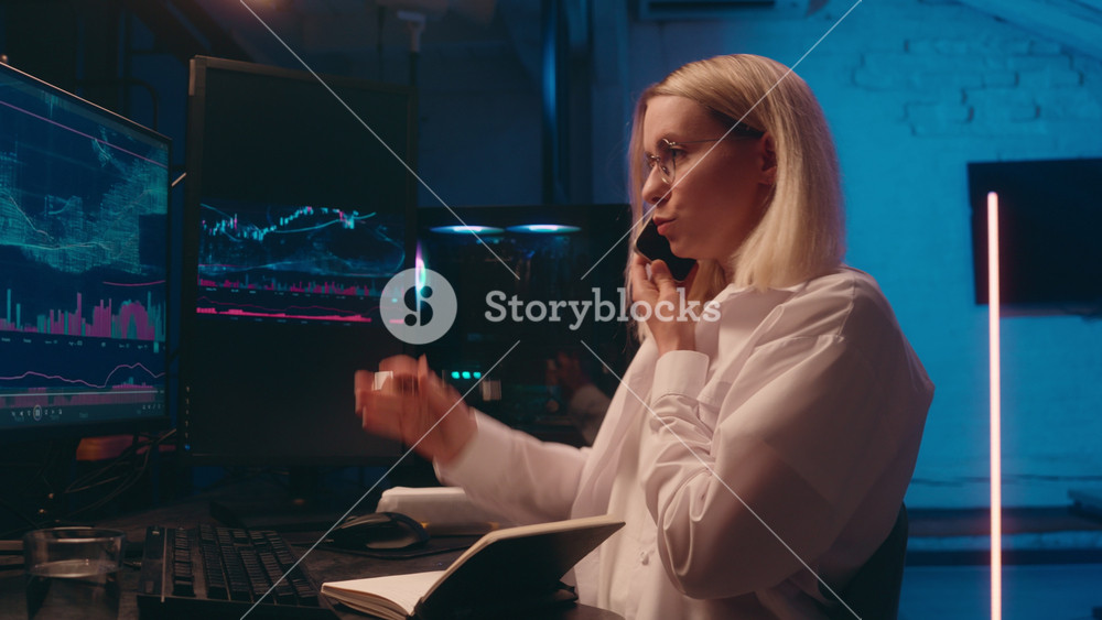 Caucasian business woman investor businesswoman girl busy stock broker trader analyst crypto currency computer online trading bitcoin trend