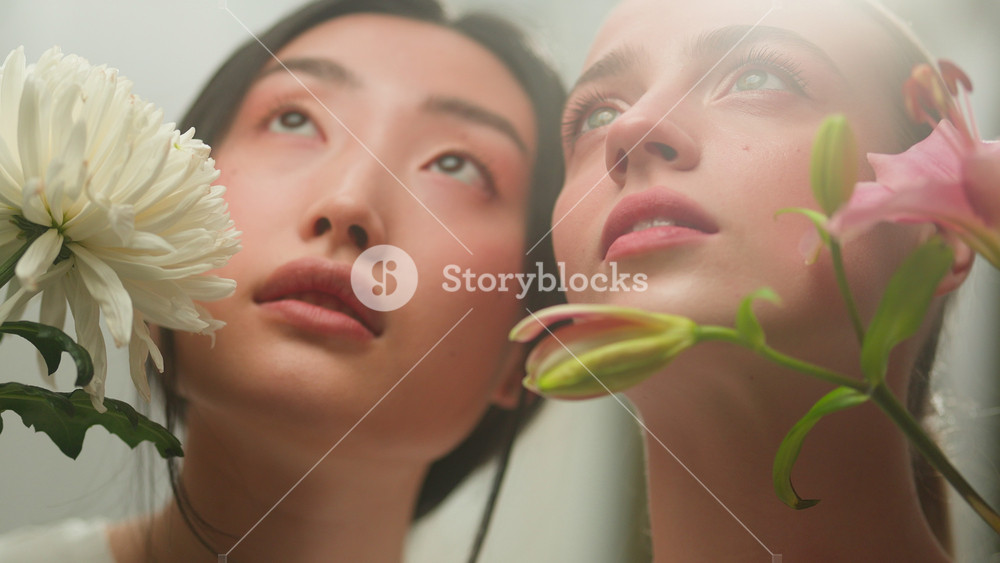 Two beautiful pretty healthy skin care cosmetic multiracial girls multiethnic women female Caucasian Asian Korean Chinese Japanese at home