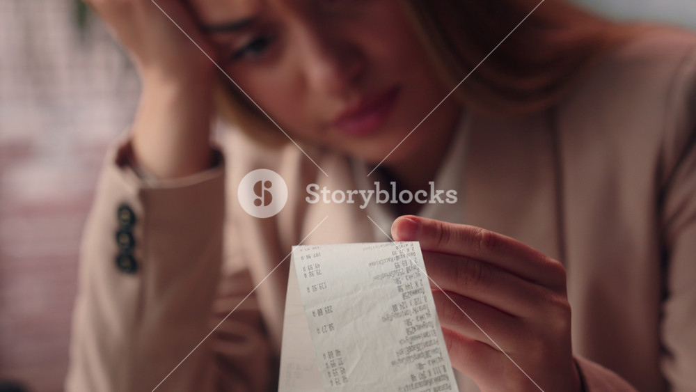 Close up frustrated despair Caucasian desperate girl business woman female businesswoman bankrupt entrepreneur boss accountant look at large