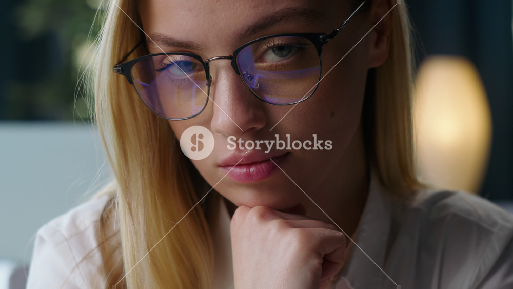 Female face Caucasian business woman looking at camera wearing formal stylish glasses businesswoman think corporate startup plan idea
