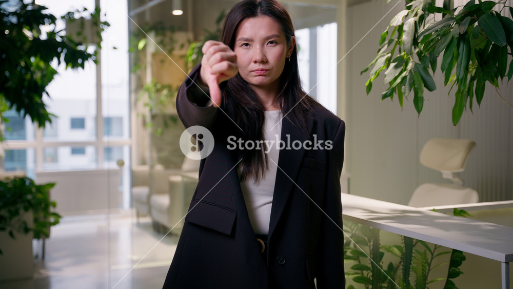 Bad result feedback negative sign displeased sad Asian business woman Chinese Korean Japanese girl businesswoman student employee manager