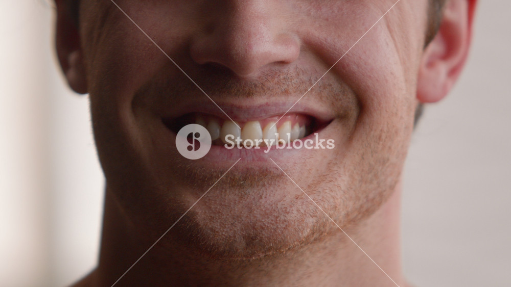 Cropped view unrecognizable Caucasian man smile toothy male teeth smiling happy joyful carefree cheerful guy home medical clinic orthodontic