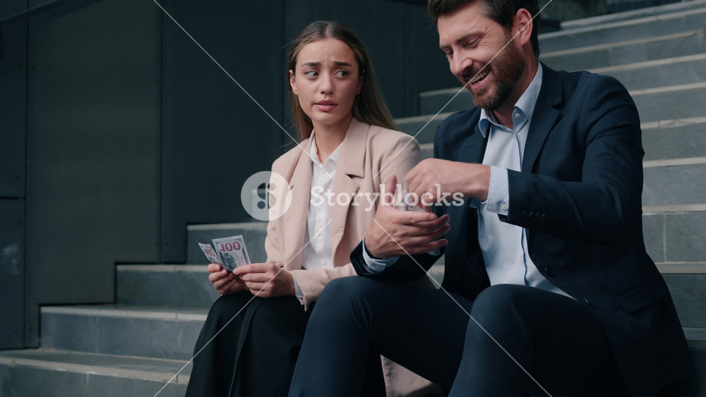 Two business rich man sad woman in city counting money financial unequal at work cash happy Caucasian male frustrated female businessman