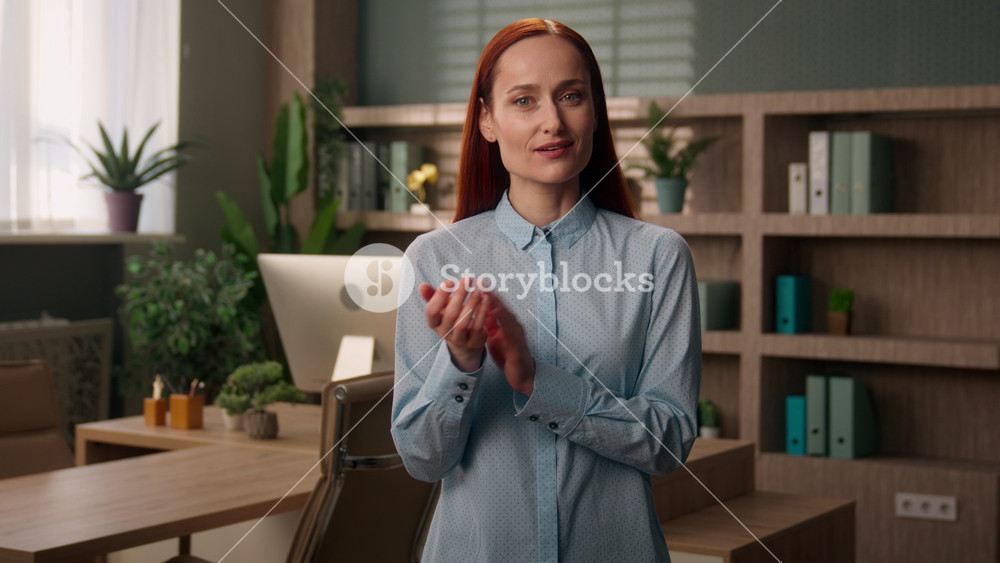 Smiling Caucasian business woman glad businesswoman girl employer female manager worker designer architect applauding congratulation in