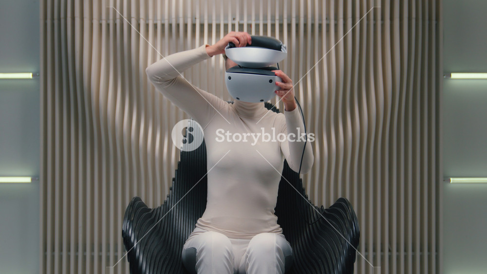 Caucasian woman futuristic space wear helmet VR glasses female girl player gamer wearing AR goggles shock amaze vision effects gaming
