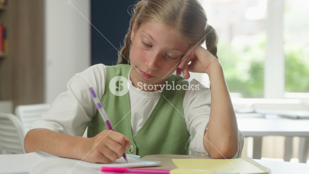 Sad upset bored teen Caucasian kid child pupil daughter student at desk tired lazy schoolgirl studying lesson reading boring learning in