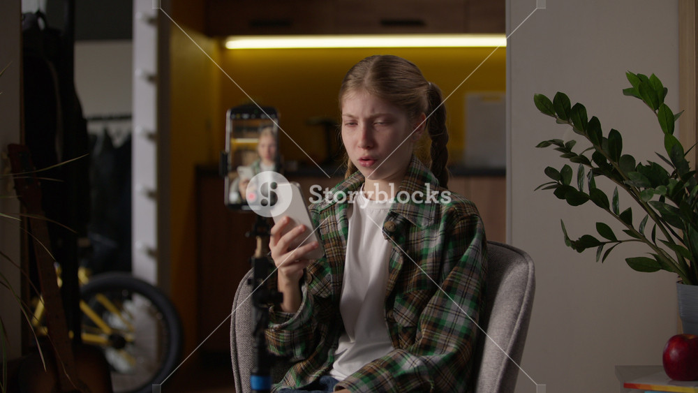 Unhappy Caucasian little girl blogger review game app shaking head bad reaction recording video blog using mobile phone camera tripod