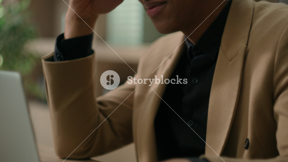 Business man African American businessman writer entrepreneur office worker employer working with laptop studying online satisfied good job