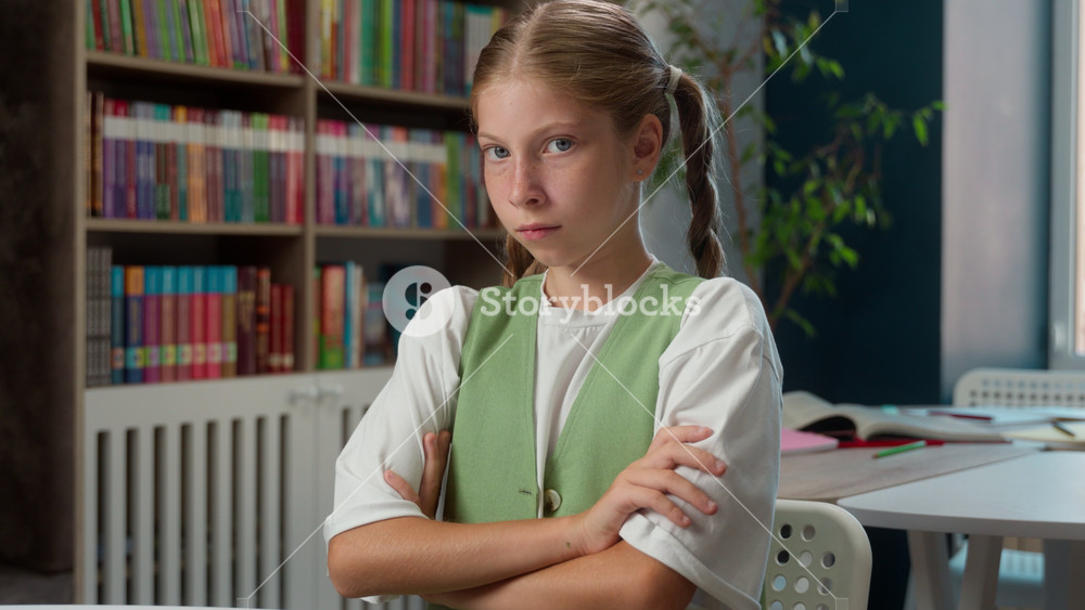 Sad tired offended Caucasian little girl school child kid pupil schoolgirl student primary school education learner crossing arms looking at