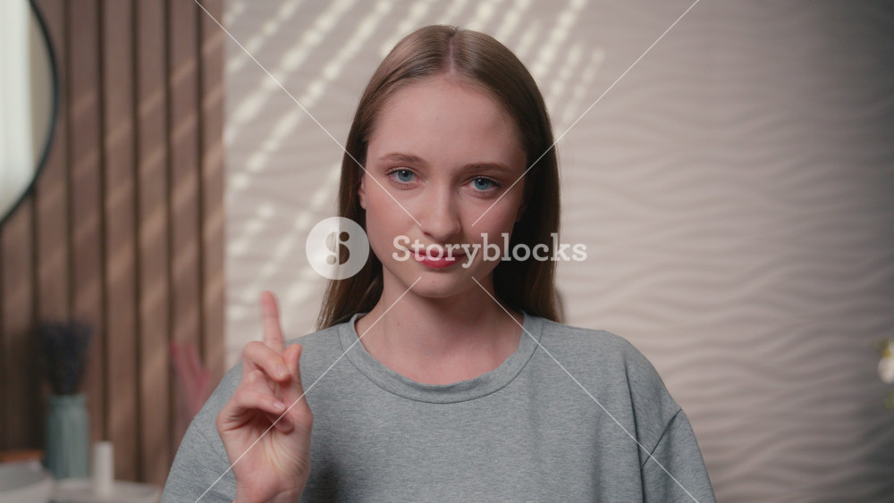 Caucasian woman teen girl lady female serious dissatisfied in home bathroom looking at camera waving finger shaking gesture not reject