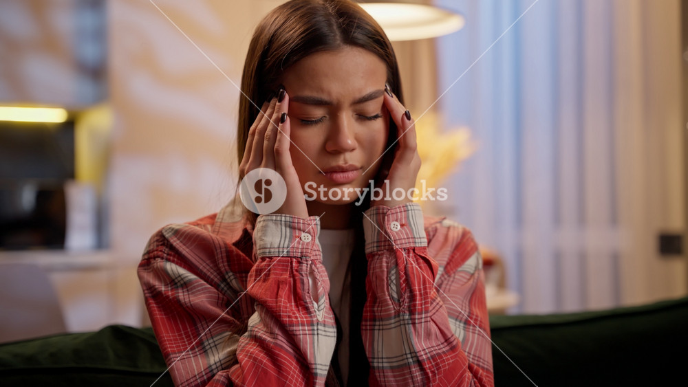 Caucasian woman sick girl feeling unwell night insomnia painful headache symptom pain health problem suffer migraine at home medical