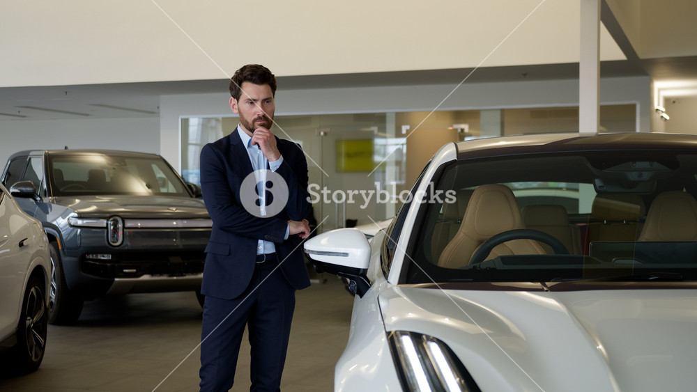 Serious thinking Caucasian businessman touching car auto indoor dealership man male client buyer pondering purchase business decision