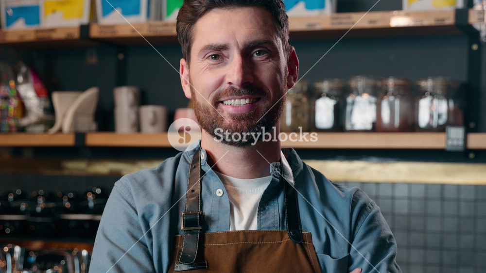 Happy Caucasian middle-aged worker smile portrait entrepreneur small business owner guy waiter man cross arms in cafe coffee shop restaurant