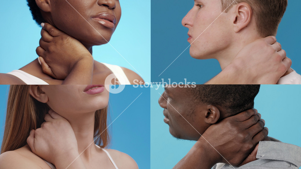 A diverse group of individuals showcases different reactions to neck pain, highlighting the impact of health issues on daily life. Each