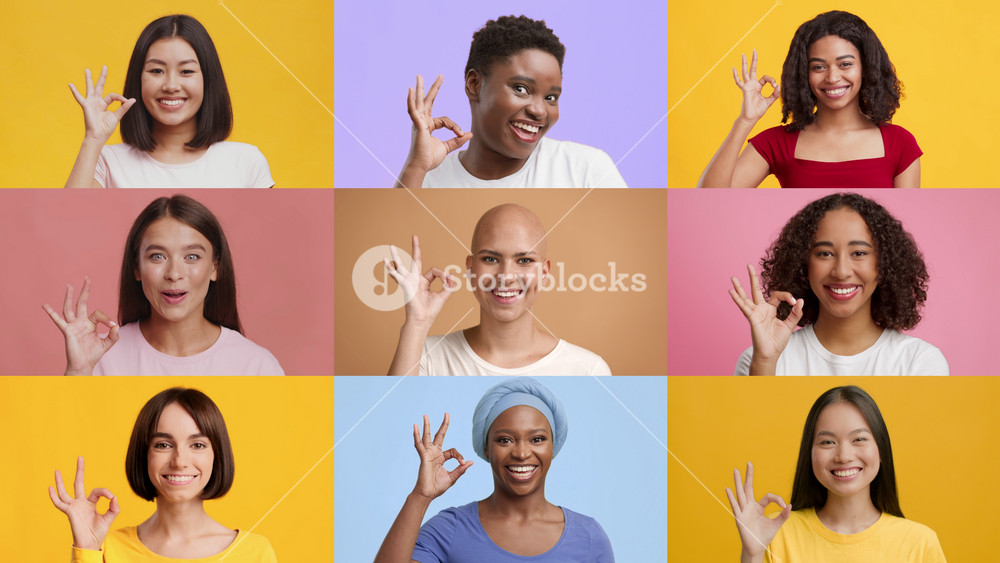 A diverse group of women showcases joy and positivity with the OK gesture against colorful backgrounds. Each woman radiates confidence and