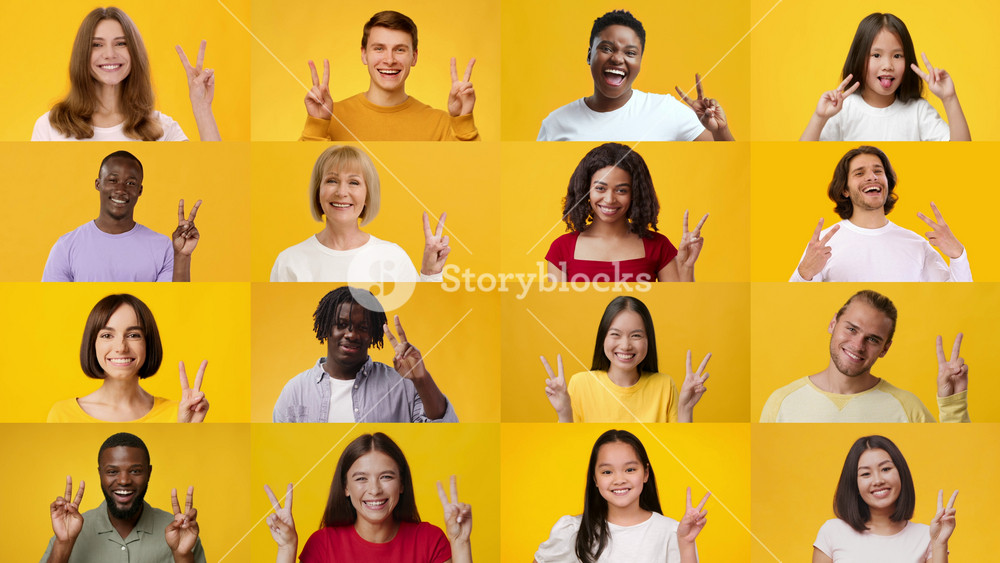 A collection of joyful people giving a V-sign and smiling widely, showcasing a sense of triumph. The cheerful ambiance enhances the positive