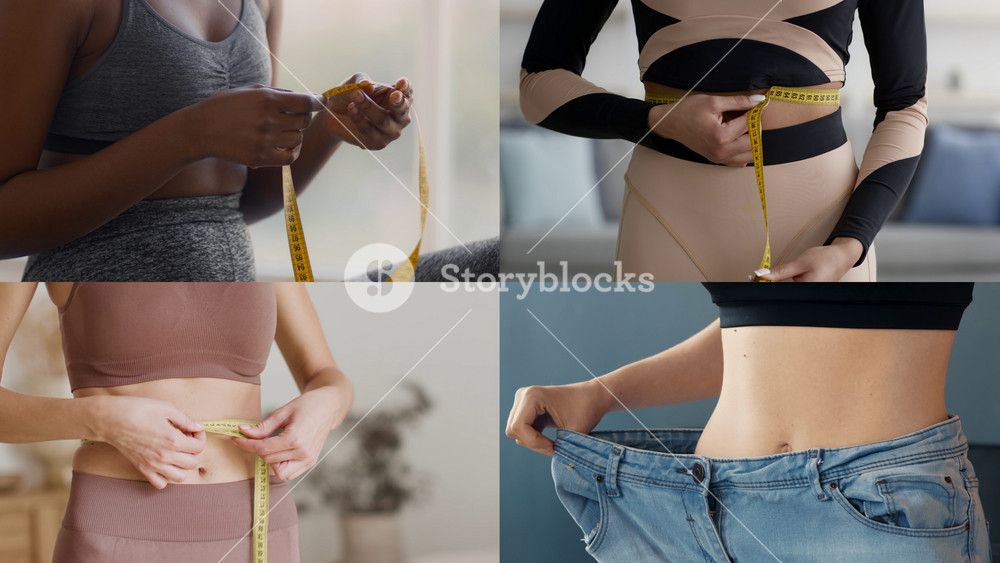 A collection of fit individuals from diverse backgrounds measuring their bodies as part of a healthy lifestyle. Each person showcases