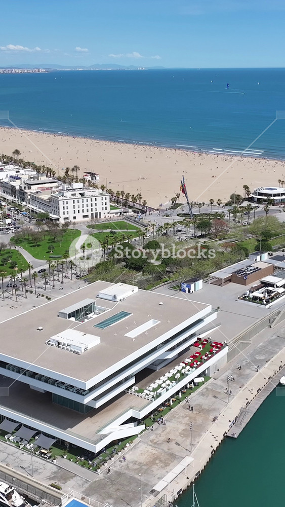 Valencia, Spain - 1.5.2026 - La Marina Parking At Valencia In Comunidad Valenciana Spain. Sunny Day. Breathtaking Aerial View Of A Lush Tropical Coastline Scenery.