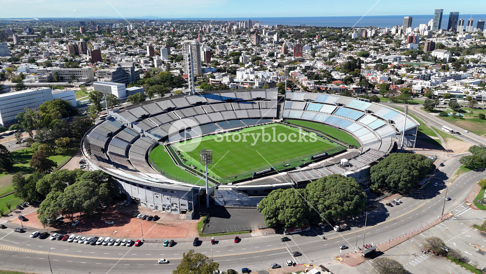 Montevideo, Maldonado, Uruguay - 8.13.2026 - Centenario Stadium At Montevideo In Maldonado Uruguay. Birds Eye View Of Football Field In The Downtown Cityscape. Downtown Cityscape. District Skyline.