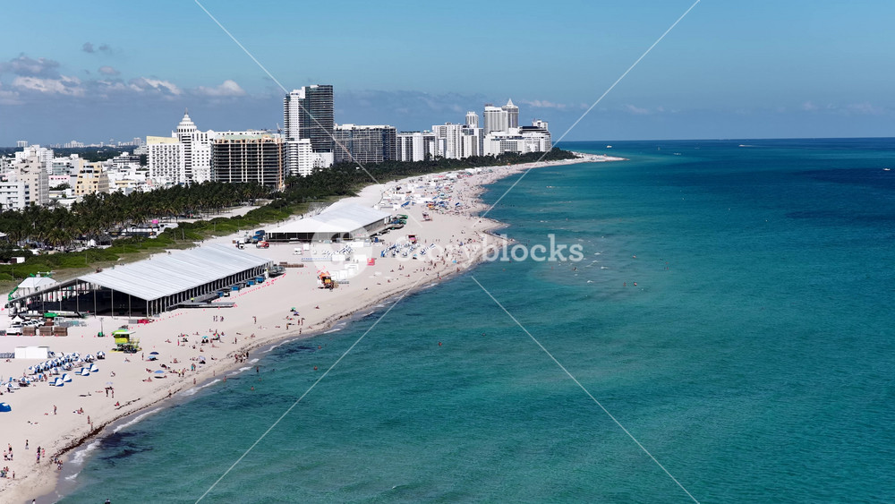 Miami Beach Skyline At Miami Beach In Florida United States. Stunning Cityscape. Beach Landscape. Highrise Buildings. Miami Beach Skyline In Florida United States. Nature Background.