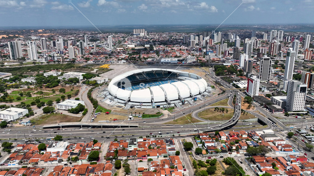Natal, Rio Grande Do Norte, Brazil - 5.26.2025 - Dunes Arena At Natal In Rio Grande Do Norte Brazil. Sunny Day. Birds Eye View Of Football Field In The Downtown Cityscape.