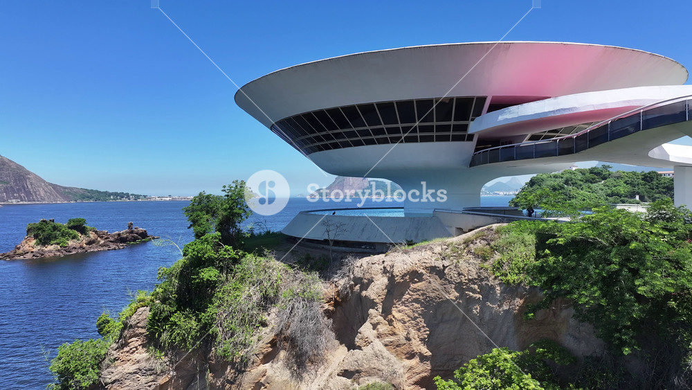 Niteroi, Rio De Janeiro, Brazil - 3.31.2026 - Niteroi Contemporary Art Museum In Niteroi In Rio De Janeiro Brazil. Sunny Day Niteroi Brazil. Futuristic Building. Downtown District.
