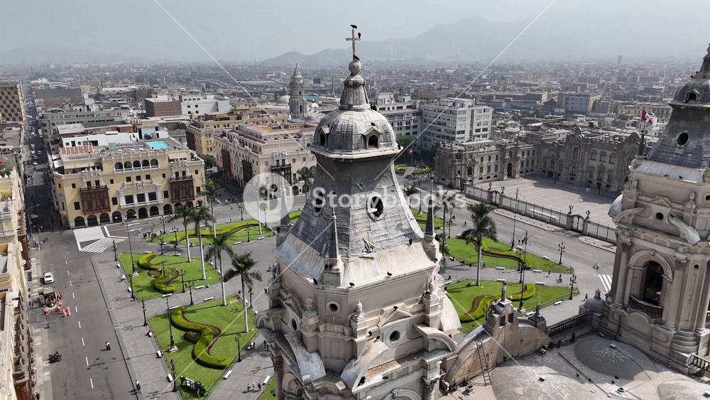 Plaza Mayor In Lima Capital City Of Peru. Government Building Scenery. Downtown Cityscape. Cultural Heritage Skyline. Plaza Mayor In Lima Capital City Of Peru. Plaza De Armas Square.