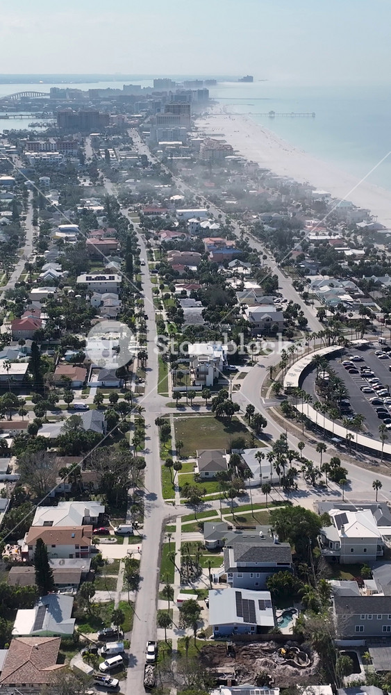Clearwater Beach Skyline In Clearwater Florida United States. Birds Eye View Of Stunning Cityscape With Streets And Buildings. Coast Clouds Seaside Summertime. Coast Outdoor Tropical Environment.