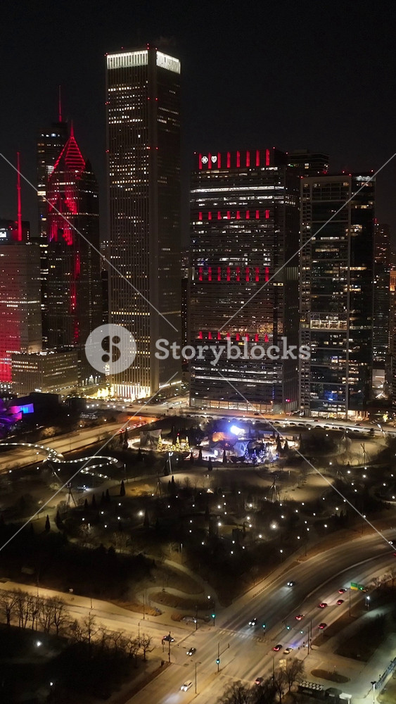 Night Chicago Skyline At Chicago In Illinois United States. Illuminated Downtown. City At Night Landscape. Chicago At Illinois United States. Chicago City District. City Skyline Scene.