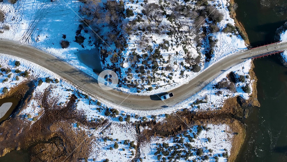 Country Road At Ushuaia Tierra Del Fuego Argentina. Captivating Aerial View Of Plantations Forming Geometric Patterns. Snowing Tourism Glacial Lake Frozen. Glacial Lake Lagoon Outdoor.
