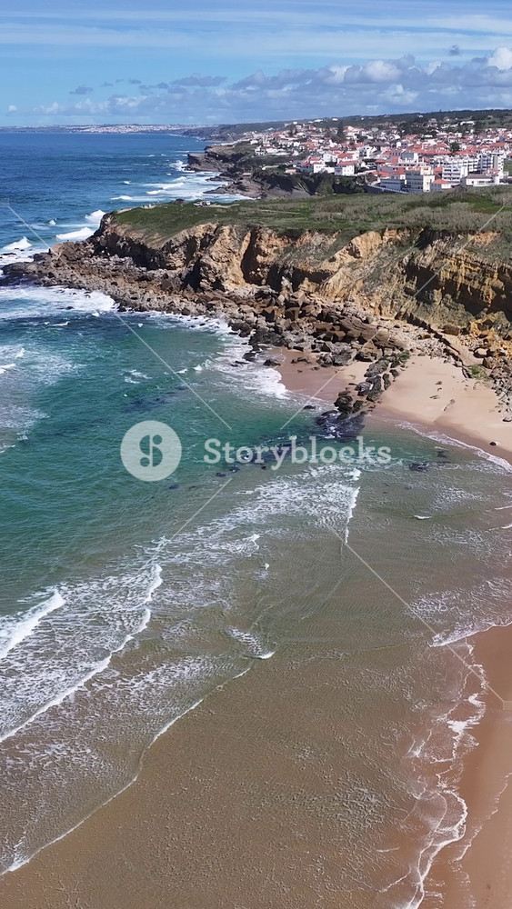 Praia Grande Beach In Sintra District Of Lisbon Portugal. Bird Eye View Of A Amazing Coastal Beach In The Summer Holiday. Island Life Landscape Grateful Amazing. Island Life Waterfront Coast.