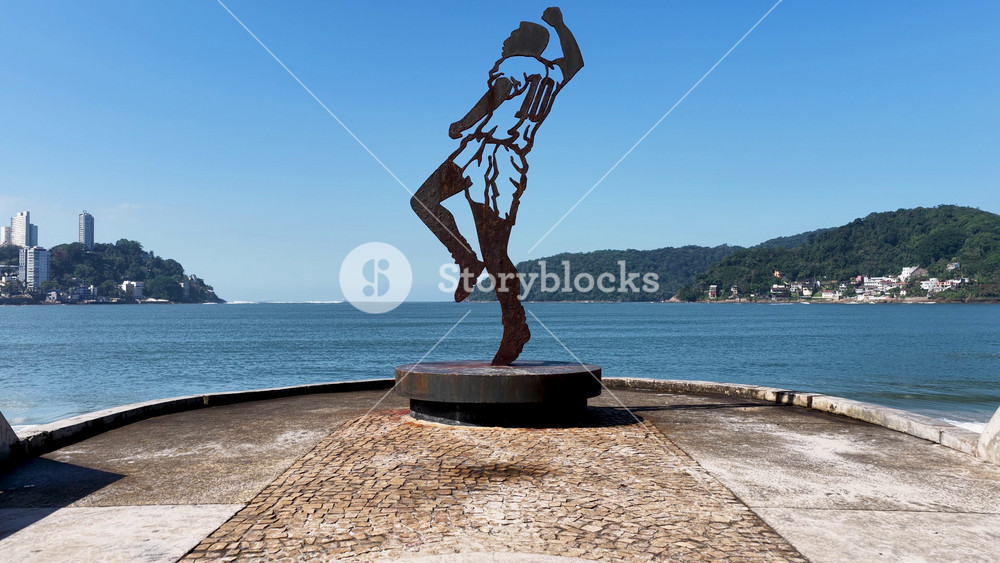 Sao Vicente, Sao Paulo, Brazil - 9.14.2025 - Pele Statue At Sao Vicente In Sao Paulo Brazil. Sunny Day Sao Vicente Brazil. Beach Landscape. King Of Soccer Statue.
