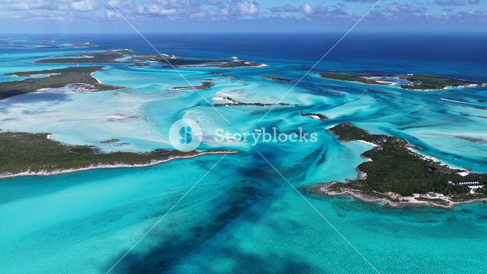 Exuma Skyline In Exuma Islands Black Point Bahamas. Aerial View Of Stunning Beach With Crystal Clear Waters. Tropical Skyline. Bay Water Landscape. Exuma Islands Black Point.