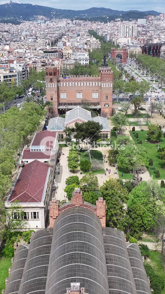 Ciutadella Park In Barcelona Community Of Catalonia Spain. City Skyline Showing Modern And Traditional Architecture. Town Sky Clouds Backgrounds Urban. Drone View Backgrounds Panoramic.