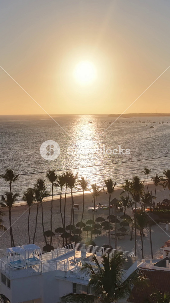 Sunset Beach In Punta Cana La Altagracia Dominican Republic. Breathtaking Aerial View Of A Lush Tropical Coastline Scenery. Sunset Landscape Grateful Beauty Background.