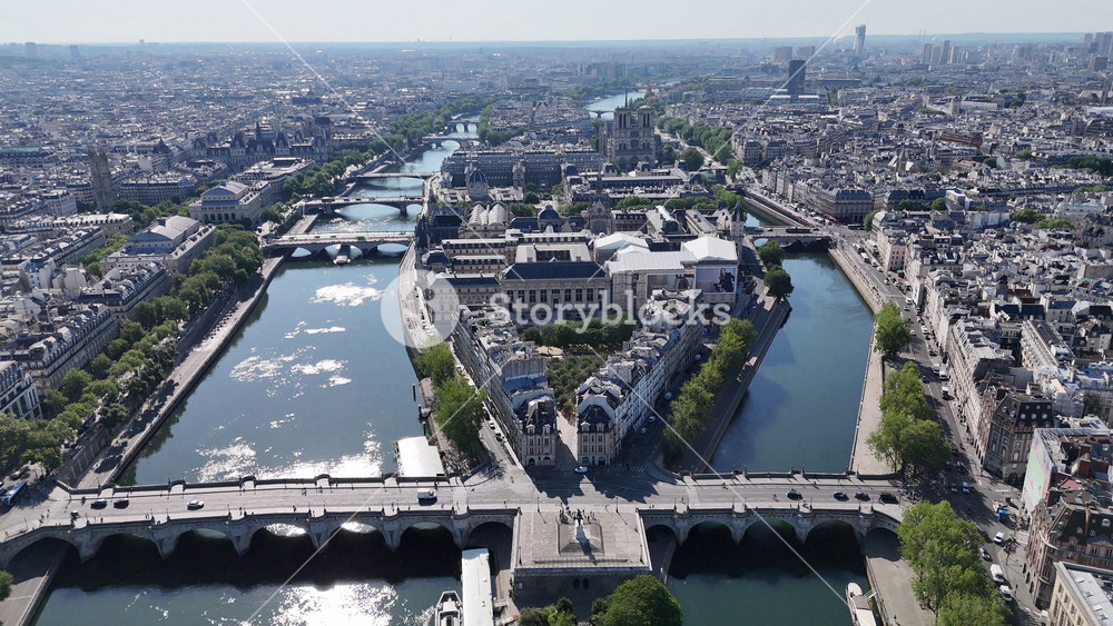 Neuf Bridge In Paris Ile De France France. Tropical River With A Scenic Forest Trees Viewed From Above. Downtown Cityscape. District Skyline. Paris ile de france.