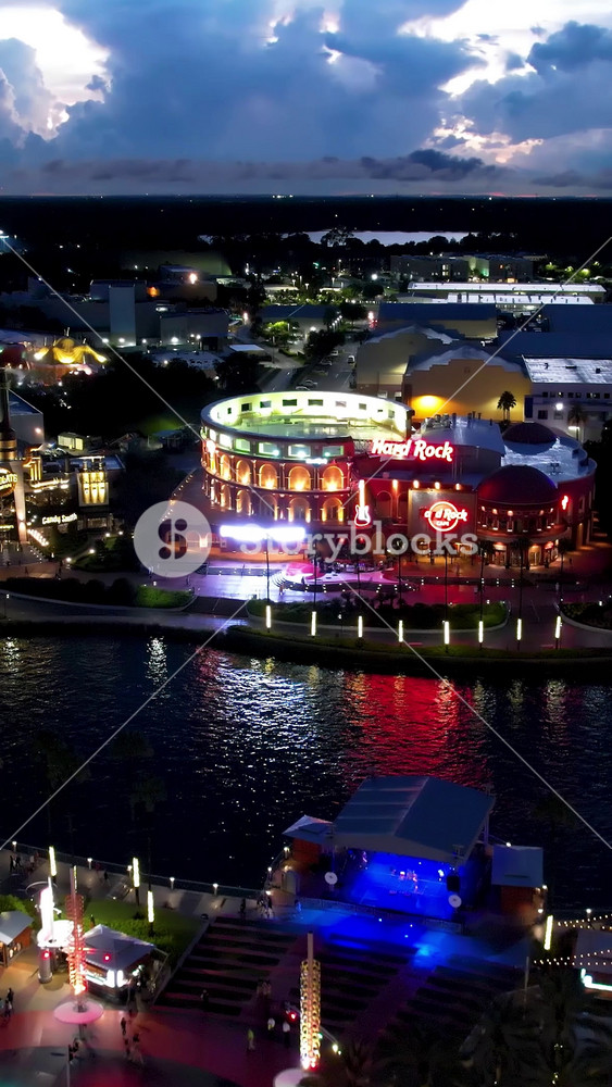 Sunset Skyline In Orlando Florida United States. Colorful Amusement Park With Various Rides Viewed From Above. Building Infrastructure Landscape Bird View Stunning. Bird View Enterprise Town.