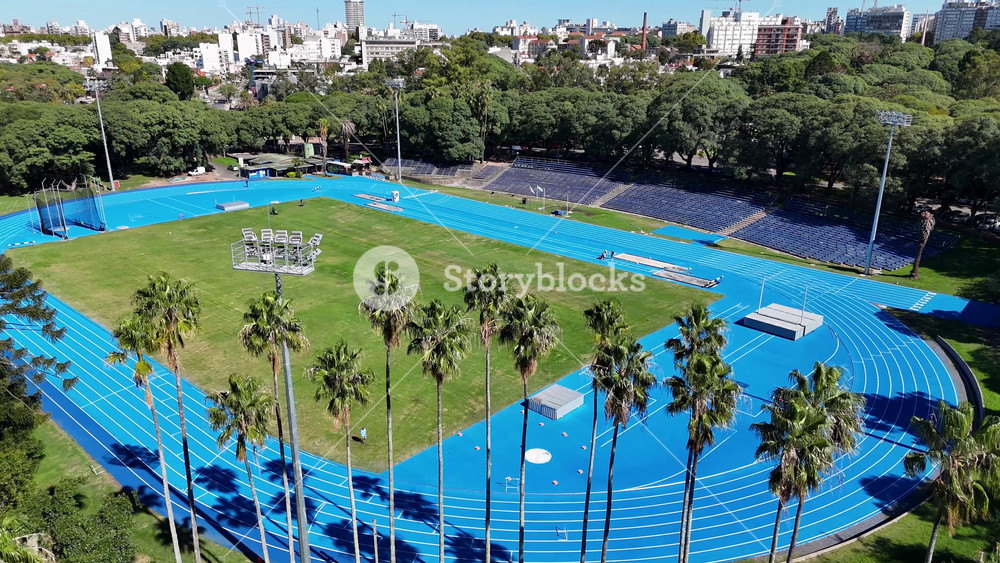 Montevideo, Maldonado, Uruguay - 7.4.2026 - Athletics Track At Montevideo In Maldonado Uruguay. Birds Eye View Of Football Field In The Downtown Cityscape. Landmark Town. Cities Of The World Landscape.