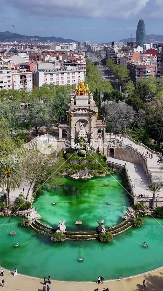 Ciutadella Park In Barcelona Community Of Catalonia Spain. Capturing The Hustle And Bustle Of A Vibrant City From Above. Business Sky Downtown Cityscape. Backgrounds Panning Wide.