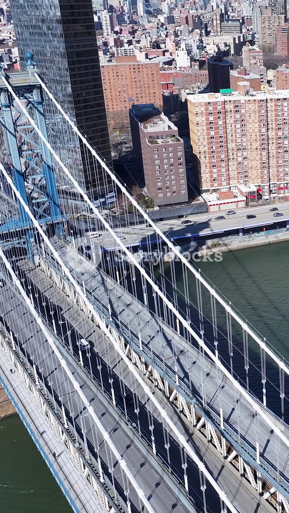 Brooklyn Bridge In Manhattan New York United States. Breathtaking Aerial View Of Busy Traffic In A Freeway Road. Metropolitan Skyline Company Building Amazing. Metropolitan Corporate Business.