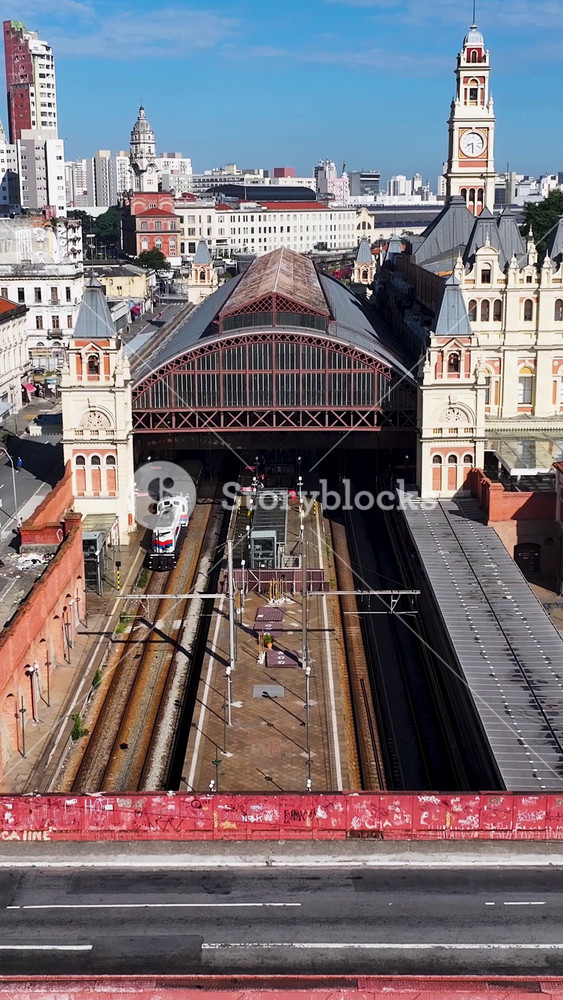 Sao Paulo, Brazil - 4.5.2026 - Medieval Train Station In Downtown Sao Paulo Brazil. Sunny Day Stunning Landscape. Medieval Building. Downtown District. Cultural Heritage.