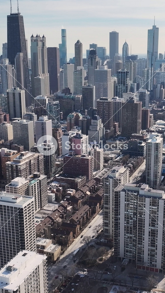 Chicago Skyline In Chicago Illinois United States. Aerial View Of A Bustling City With High-Rise Buildings And Traffic. Business Sky Clouds Downtown Cityscape. Outdoor Downtown Panning Wide.