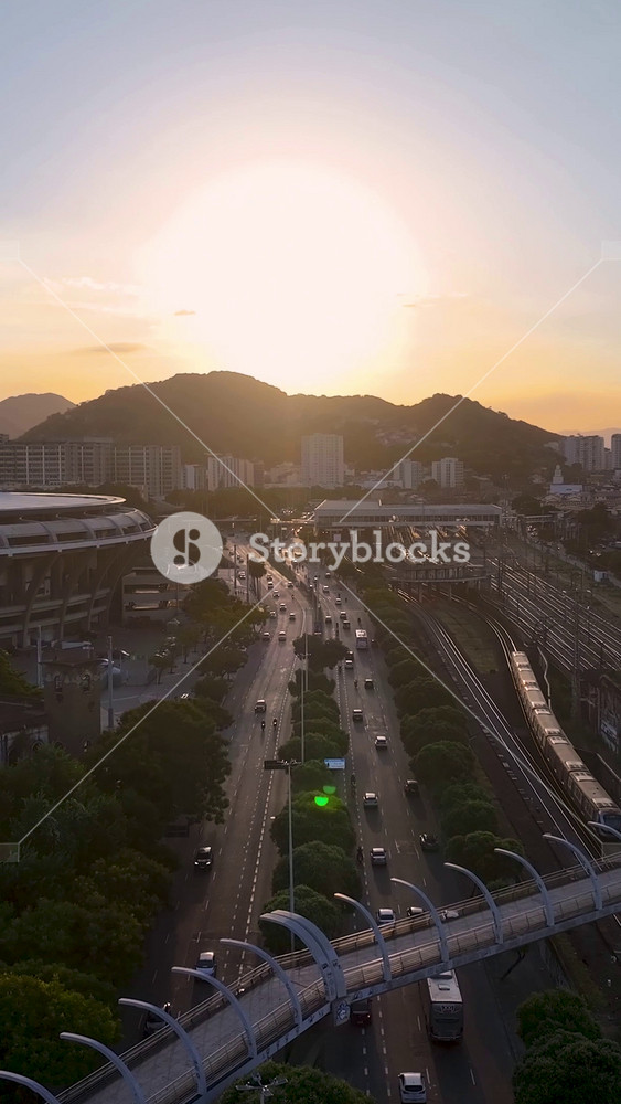 Rio De Janeiro, Brazil - 5.5.2026 - Sunset Skyline In Maracana Stadium In Downtown Rio De Janeiro Brazil. Sunny Day Stunning Landscape. Soccer Stadium. Downtown District. Football Field.