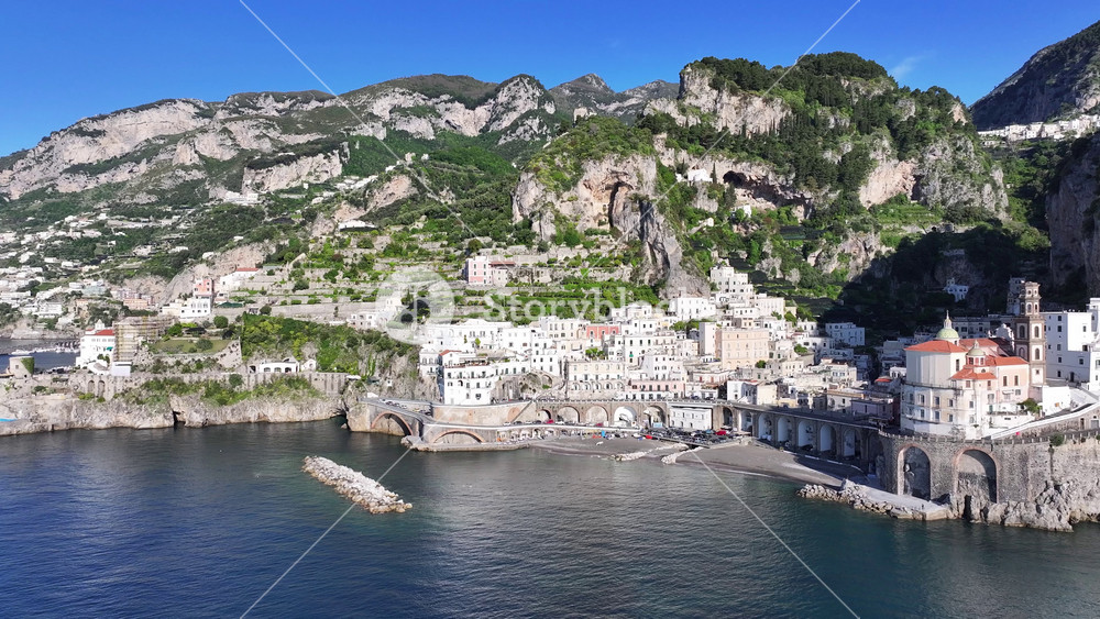 Amalfi Coast At Amalfi In Salerno Italy. Coastal City. Waterfront Landscape. Amalfi Coast At Salerno Italy. Beach Scenery. Medieval Buildings. Beach Skyline. Paradise Landscape.